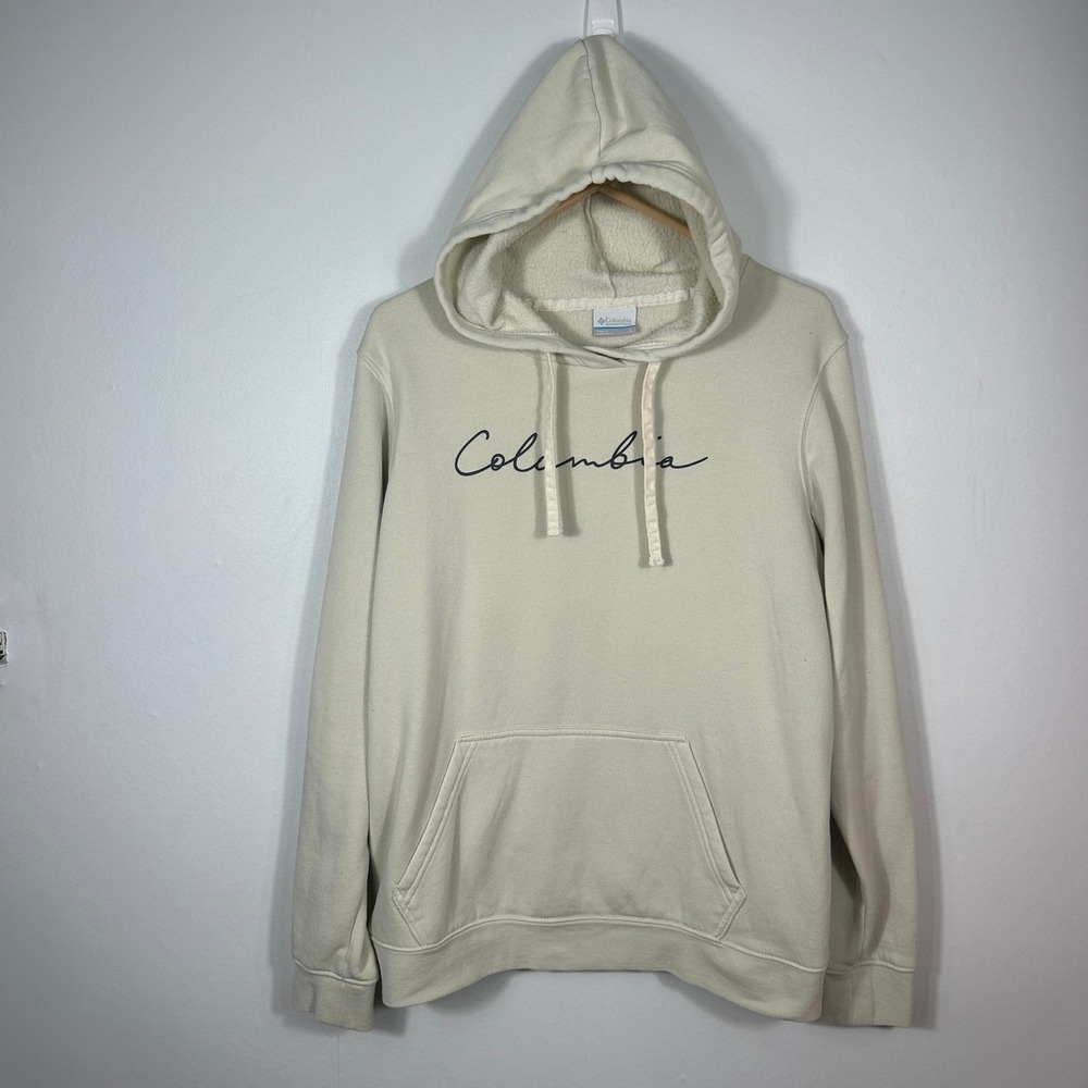 Columbia Hoodie Womens Large Beige Script Logo Sherpa Lined Pullover